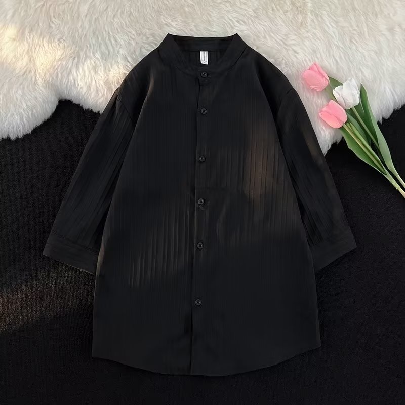 Áo Sơ Mi Tay Lửng Dáng Rộng Cổ Đứng Họa Tiết Kẻ Sọc 2 Màu Size m-3xl Thời Trang Mùa Thu Cho Nam