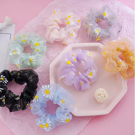Dây Cột Tóc Scunchies Vải Hoa Cúc Trong Suốt Nữ Tính Dễ Thương Cho Nữ
