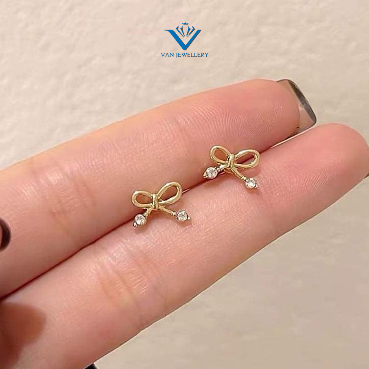 Bông tai bạc Bông nụ chiếc nơ nhỏ chấm đá xinh xinh Van Jewelry V10769