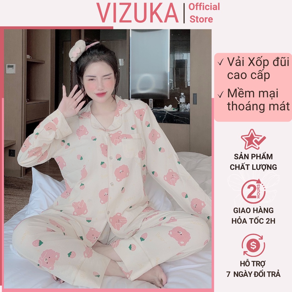 Đồ bộ Pijama nữ dài tay mặc nhà chất liệu xốp đũi siêu mềm mịn VIZUKA