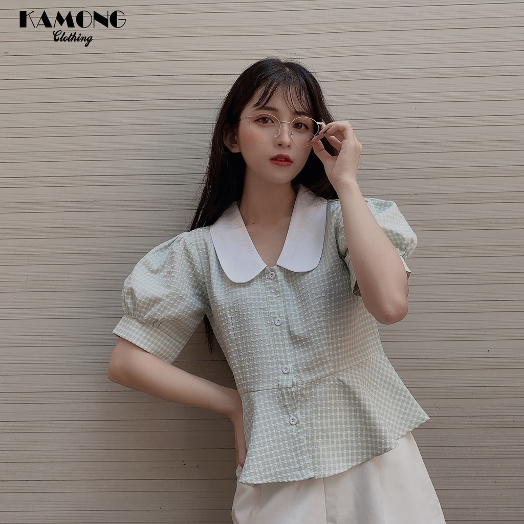 Áo kiểu croptop caro cổ sen KAMONG A046 | BigBuy360 - bigbuy360.vn