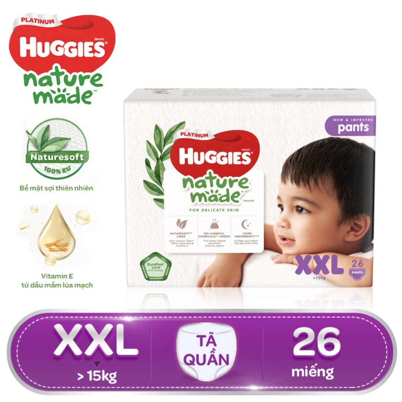 Bỉm/tã quần Huggies Platinum Nature Made XXL26 (cho bé trên 15kg)