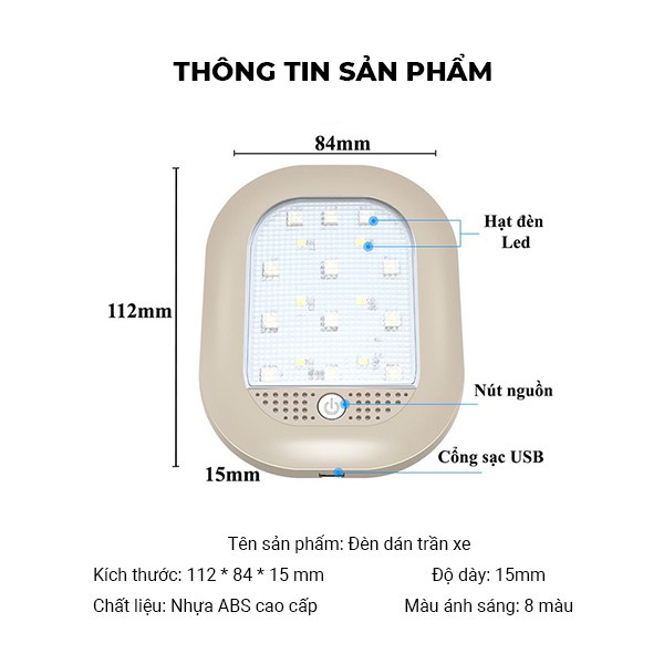 Đèn Dán Trần Ô Tô, Đèn Trần Ô Tô Cảm Ứng Tích Điện Nhiều Chế Độ Sáng Khác Nhau