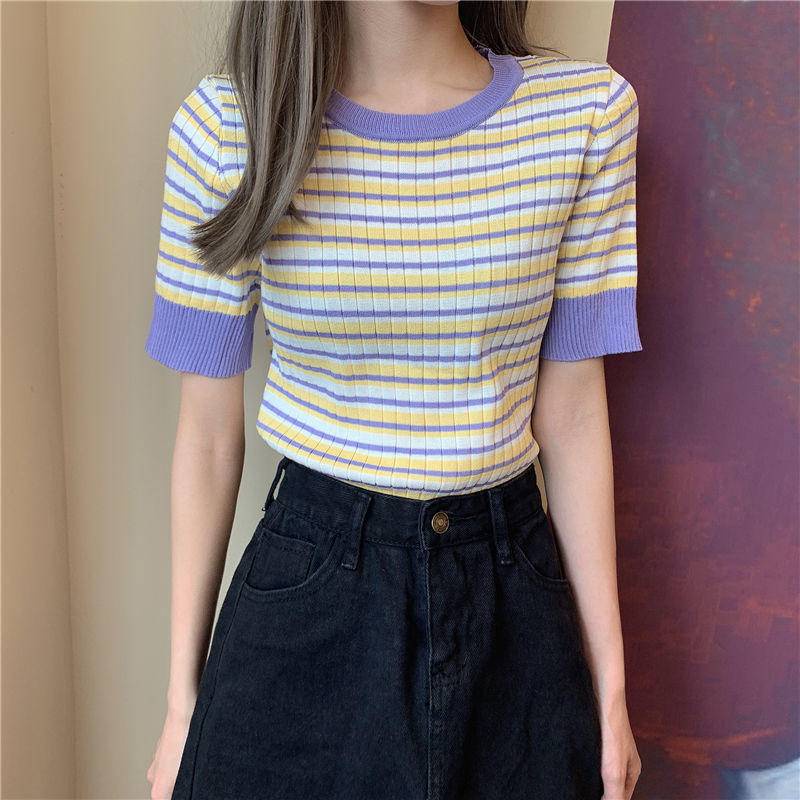 Áo Thun Dệt Kim Tay Ngắn Dáng Ôm Họa Tiết Kẻ Sọc Thời Trang Cho Nữ