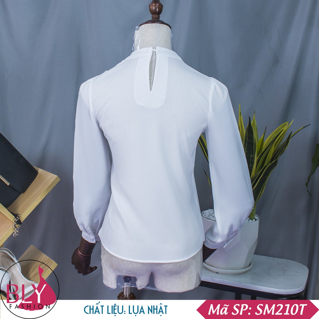Áo sơ mi nữ cổ tròn chất liệu lụa nhật BlyFashion SM210 thời trang công sở cao cấp Thanh lịch Sang trọng Mầu Trắng, Xanh