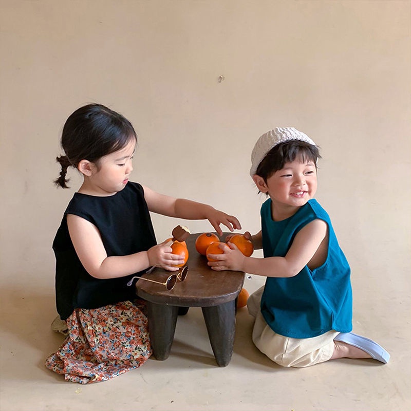 Áo Thun Cotton Lanh Dáng Rộng Không Tay Phong Cách Nhật Hàn Thời Trang Xuân Hè Hàng Mới 2022 Dành Cho Bé Trai Bé Gái