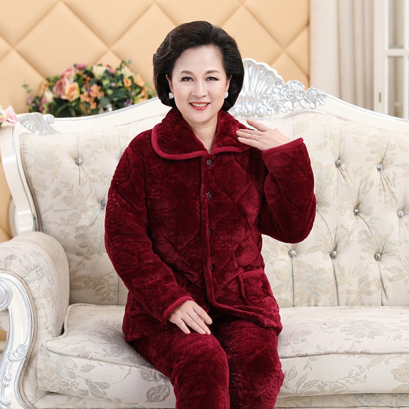 Bộ đồ ngủ chần bông của phụ nữ trung niên và cao tuổi dày dặn mùa đông nhung áo khoác nỉ