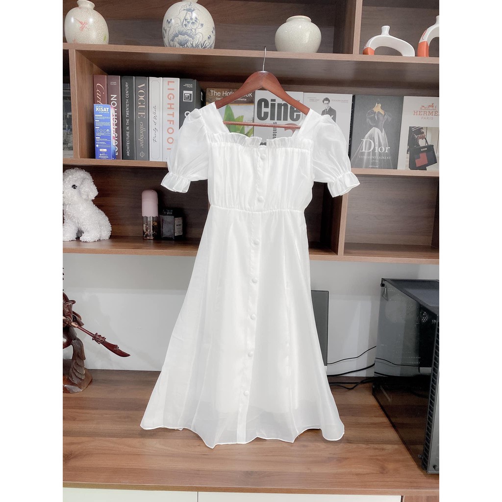 Váy tiểu thư nhún ngực ngắn tay chất đũi mát phong cách hàn quốc 2 màu be, trắng Váy Trắng Shop | BigBuy360 - bigbuy360.vn