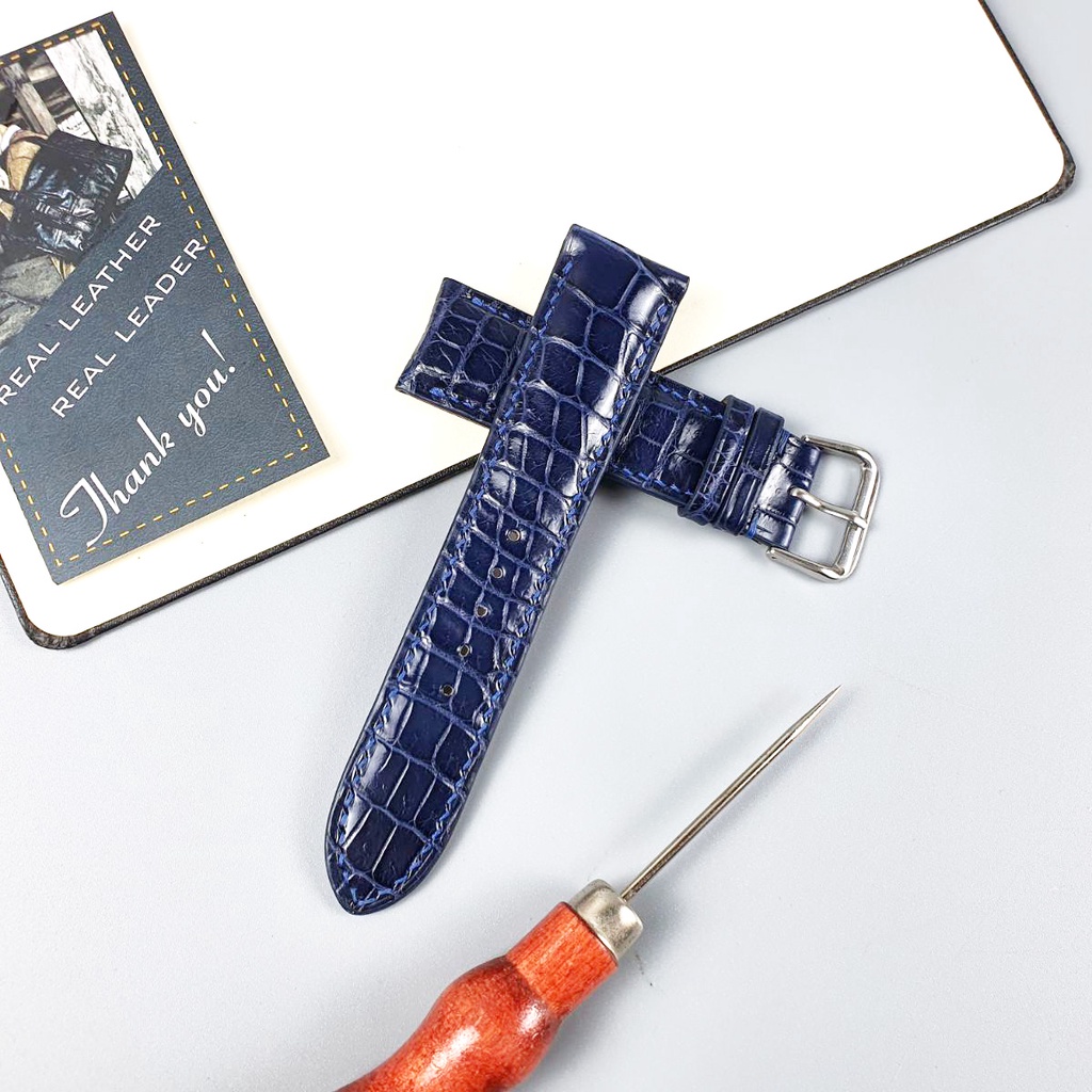 Dây đồng hồ da cá sấu thật may thủ công handmade AL118VB xanh navy  - 100% da cá sấu thật