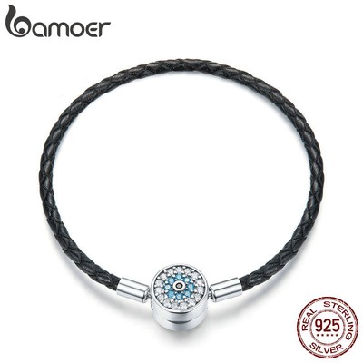 Vòng đeo tay BAMOER bạc 925 dây da bện đính đá zircon mặt mắt quỷ thời trang