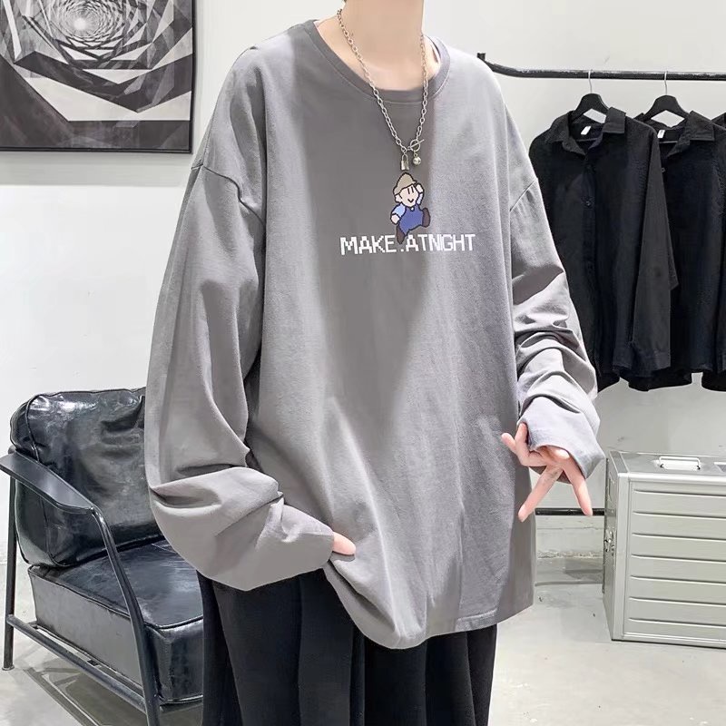 Áo thun tay dài cổ tròn dáng rộng in chữ thời trang thu đông phong cách Nhật Bản cho nam size M-5XL