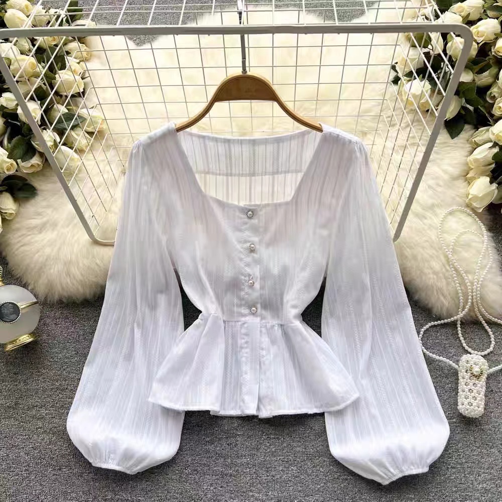 Áo kiểu BH tay dài phồng cổ vuông phong cách retro Hàn Quốc cho nữ