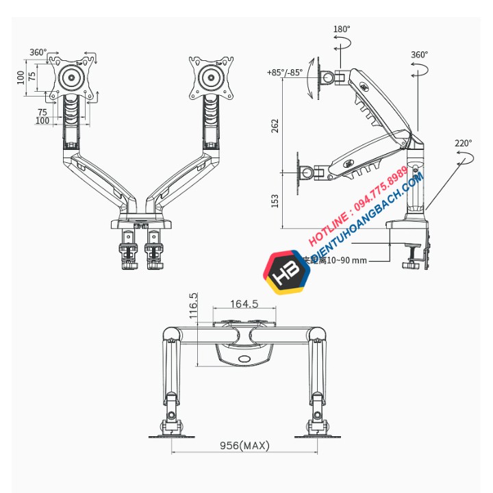 [Phiên Bản Mới] Giá treo hai màn hình NB F160 (17-27 inch) - Xoay 360 độ - Dual Arm Monitor