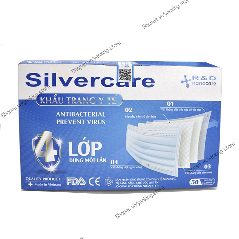 Khẩu Trang Y Tế Sliver Care 4 Lớp, Kháng Khuẩn, Công ty Nano Care - Hộp 50 Chiếc