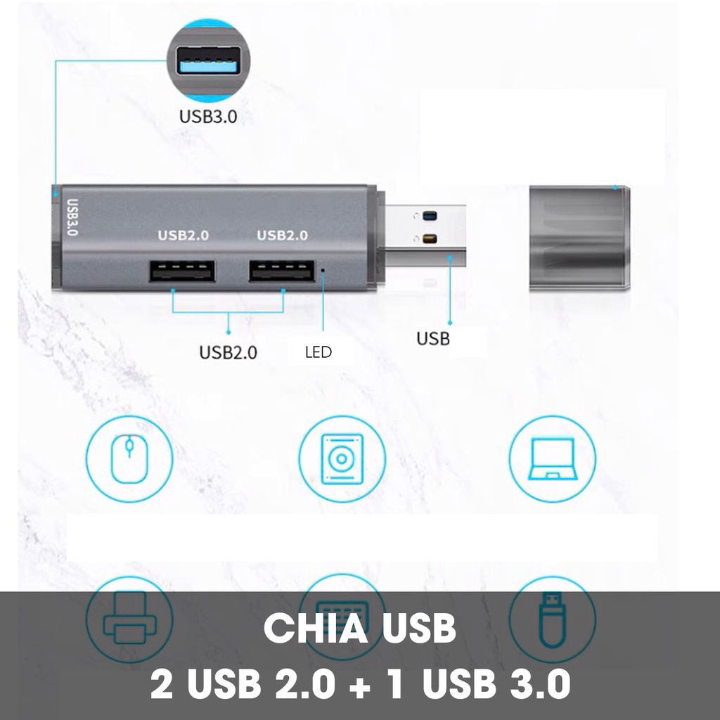 Hub USB 302 tốc độ cao, bộ chia ra 1 cổng USB 3.0 và 2 cổng USB 2.0  kết nối chuyển đổi cho laptop, PC
