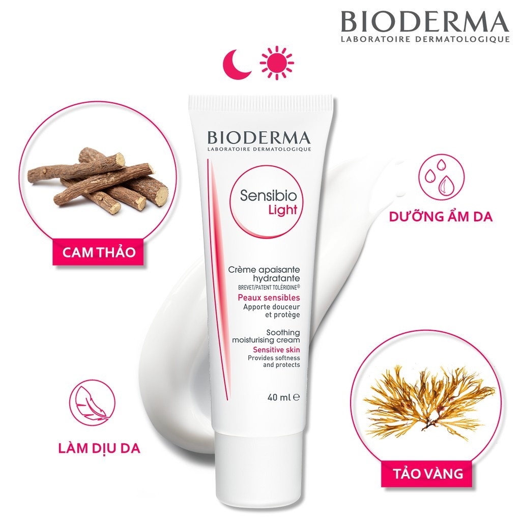 Combo Bioderma cho da nhạy cảm: Nước tẩy trang Sensibio H2O 250ml &amp; kem dưỡng ẩm Light Cream 40ml kèm bông tẩy trang