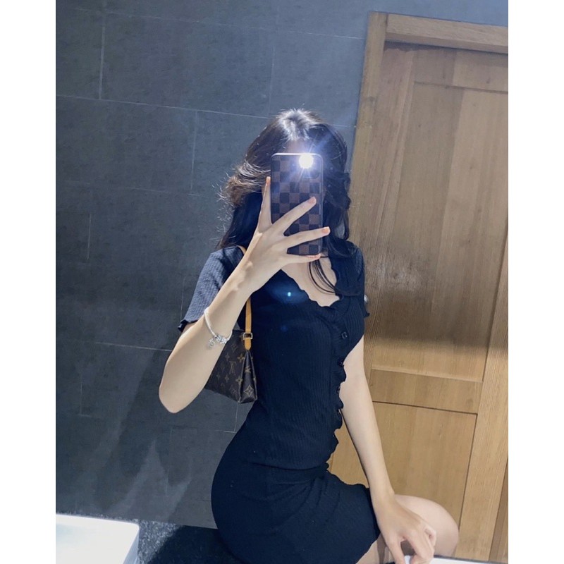 Đầm body bèo nút tay ngắn ôm body I HHVINTAGE