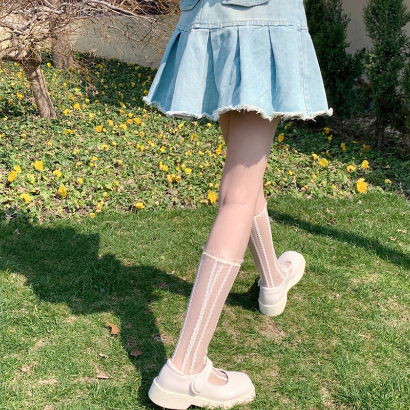 Xiangbao Vớ Lửng Phối Ren Mỏng Kẻ Sọc Dọc Phối Diềm Xếp Nếp Phong Cách Lolita Nhật Bản Ngọt Ngào Mù