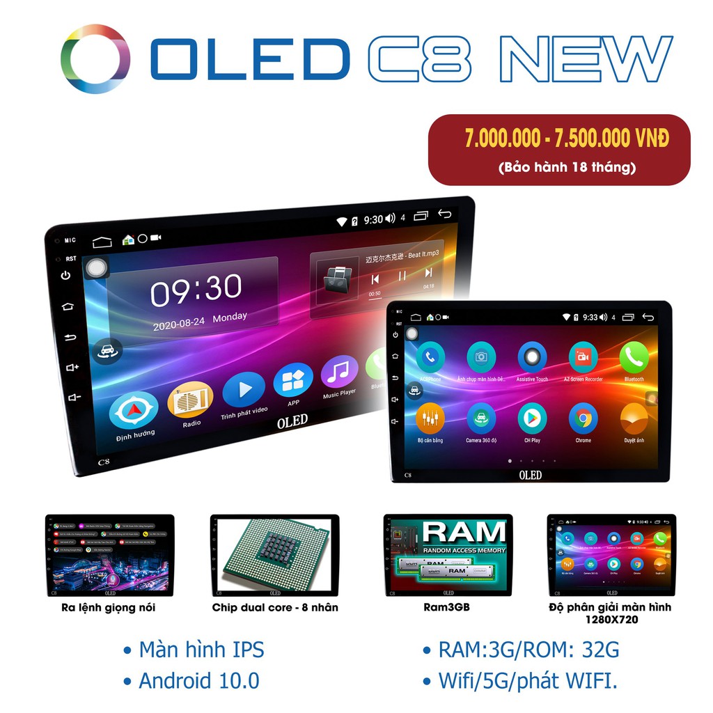 Màn hình DVD Android Oled C8 New cho xe Toyota - Đi đầu xu hướng giá rẻ của dòng sản phẩm công nghệ 4.0