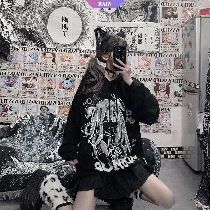 Áo Hoodie Mỏng Dáng Rộng Họa Tiết Hoạt Hình Anime Hai Chiều Phong Cách Harajuku Hip Hop Harajuku Cho Nữ [RAIN]