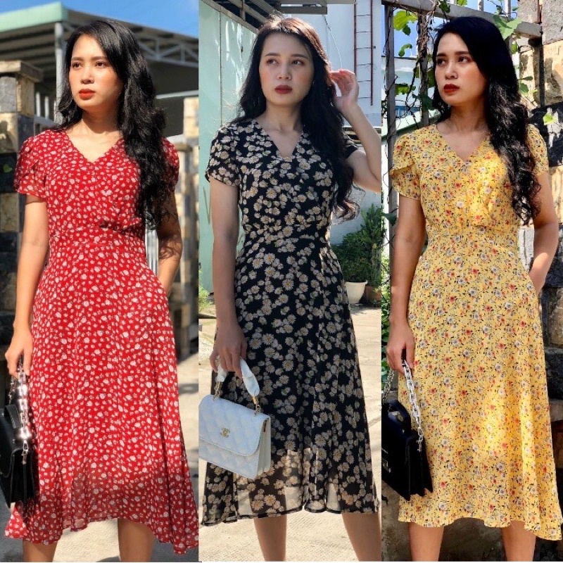 Đầm xòe form dài voan hoa, cổ đắp chéo, tay búp sen, có túi