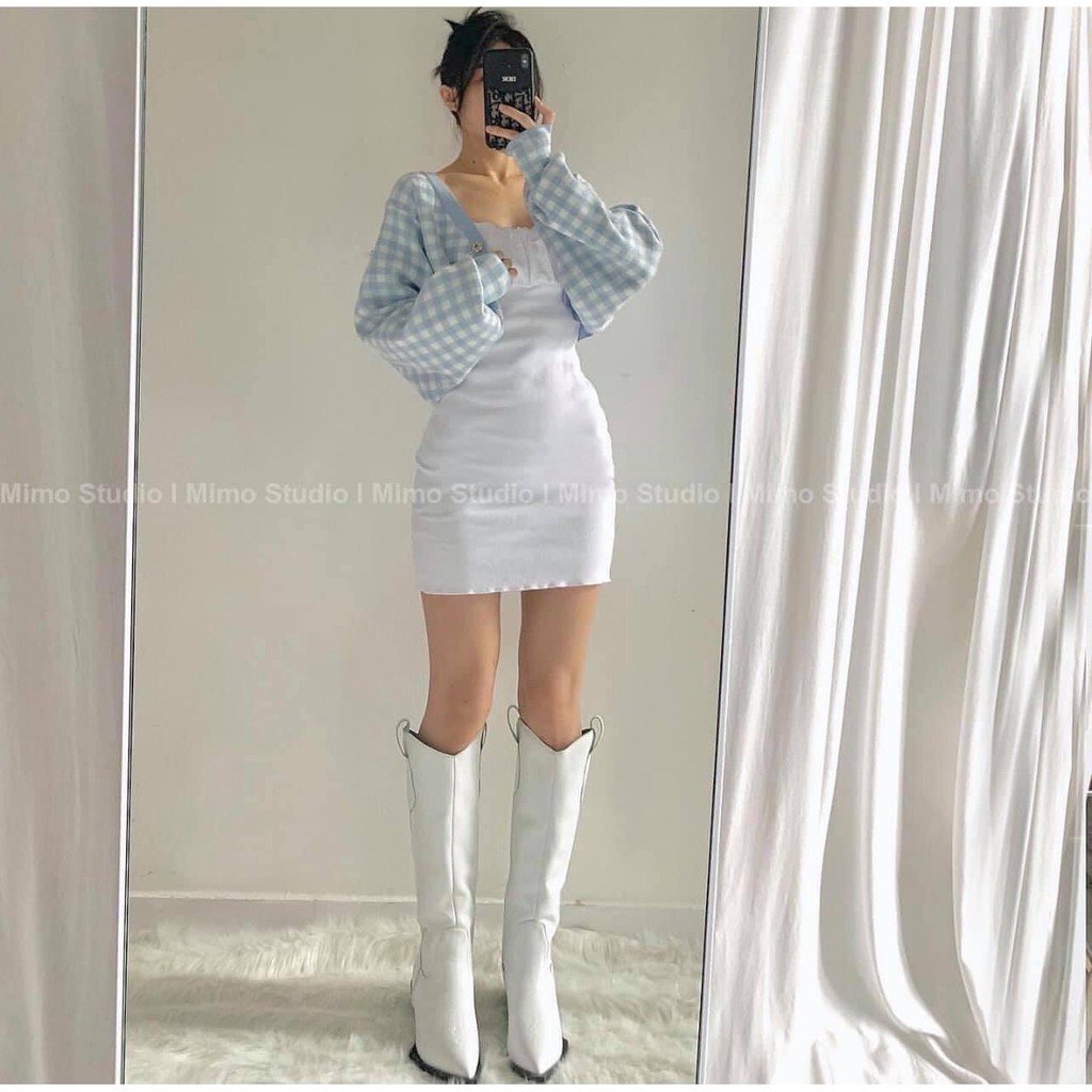 Set váy hai dây sun ngực và áo cardigan ulzzang có ảnh thật
