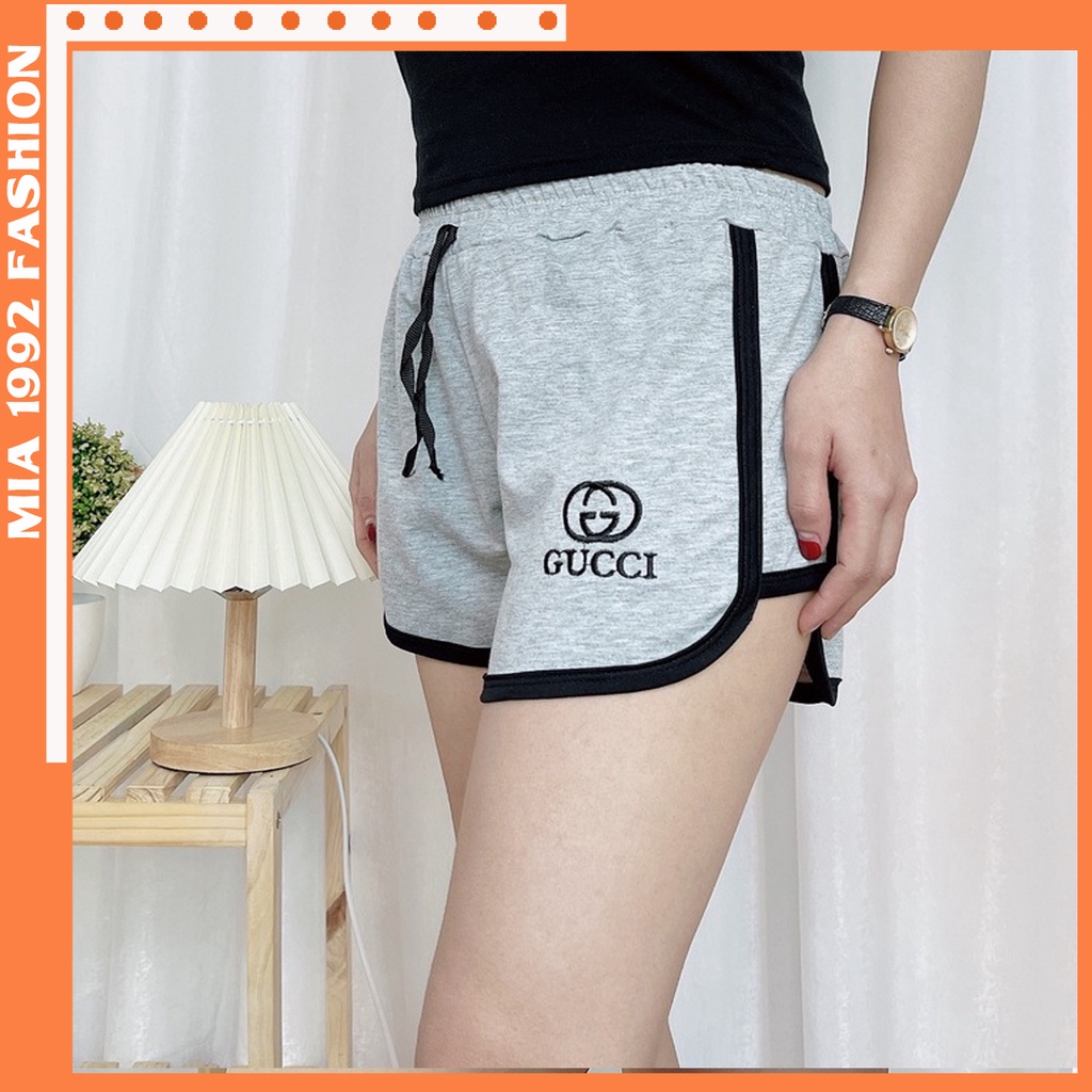 Quần đùi nữ MIA 1992 cao cấp - Quần đùi nữ vải cotton cạp chun chữ Gucci viền kẻ thể thao năng động