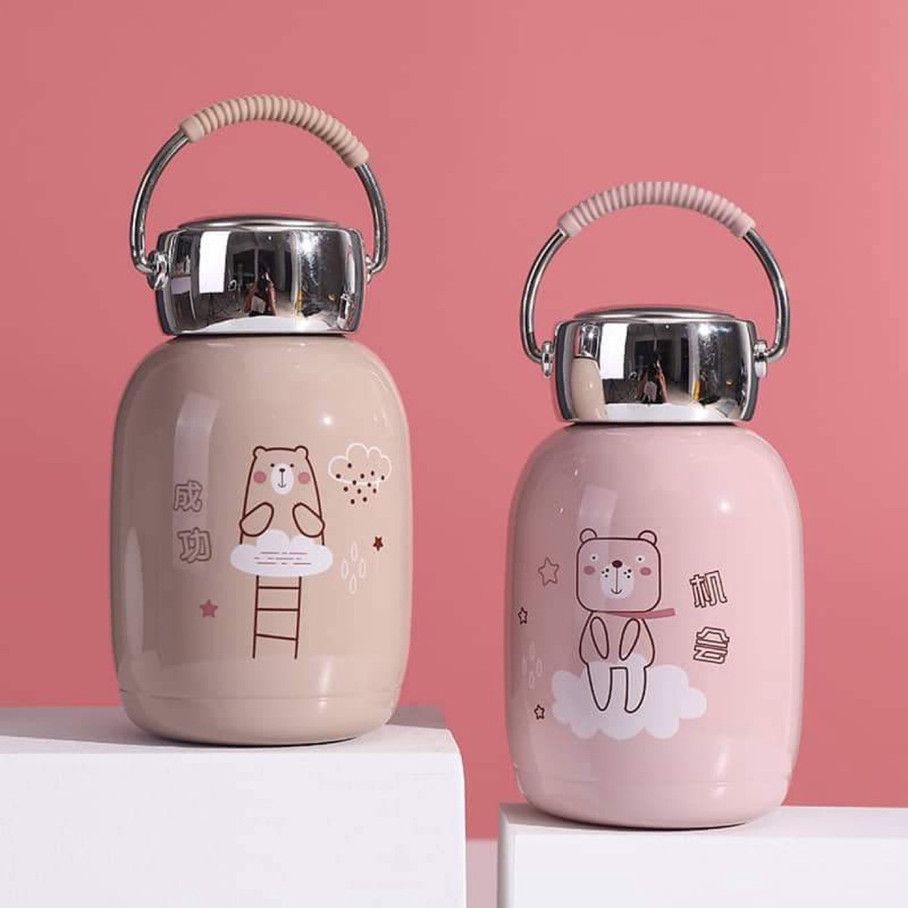 Bình đựng nước giữ nhiệt Bear, có quay xách dung tích 230 ml, bình đựng nước giữ nhiệt cute có dây đeo