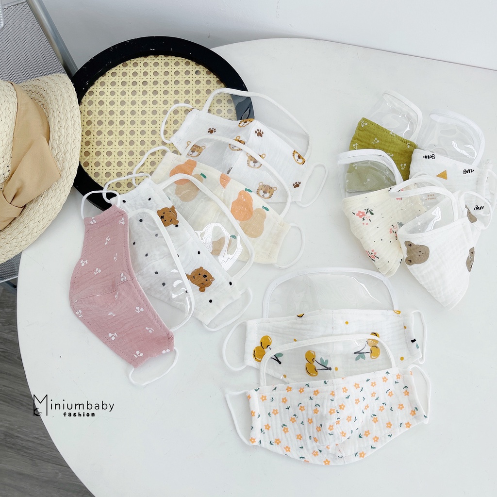 Combo 3 khẩu trang xô muslin có tâm kính chắn chống giọt bắn cho bé từ 0 tháng đến 7 tuổi - MiniumBaby-KC1150