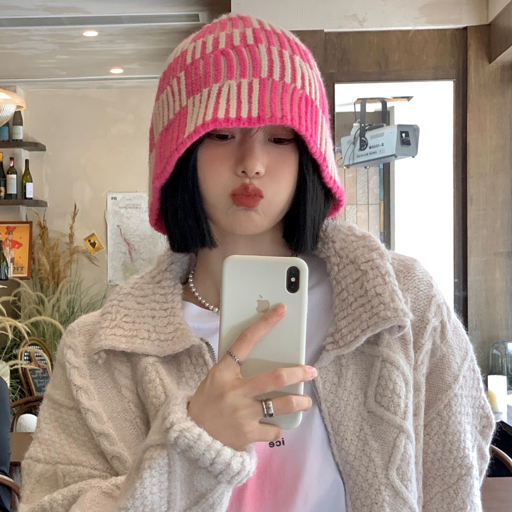 Mũ Bucket Len Dệt Kim Sọc Ca Rô Thời Trang Thu Đông Phong Cách Nhật Bản Dành Cho Nữ