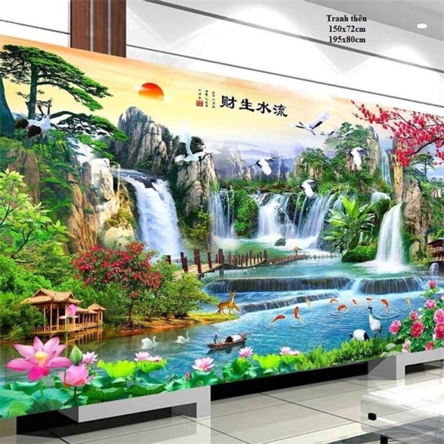 Tranh thêu chữ thập phong cảnh sơn thuỷ hữu tình