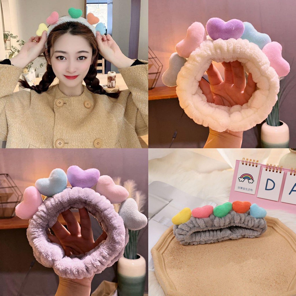 Băng đô rửa mặt hình 5 trái tim màu pastel xinh xắn