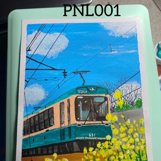 Postcard vẽ tay tàu điện và hoa cải vàng