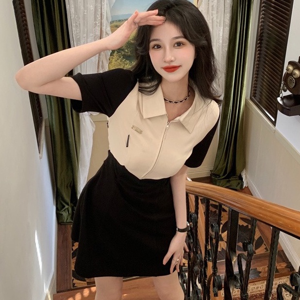 Đầm ZHELIHANGFEI ngắn tay cổ bẻ nhấn eo định hình dáng chất lượng cao