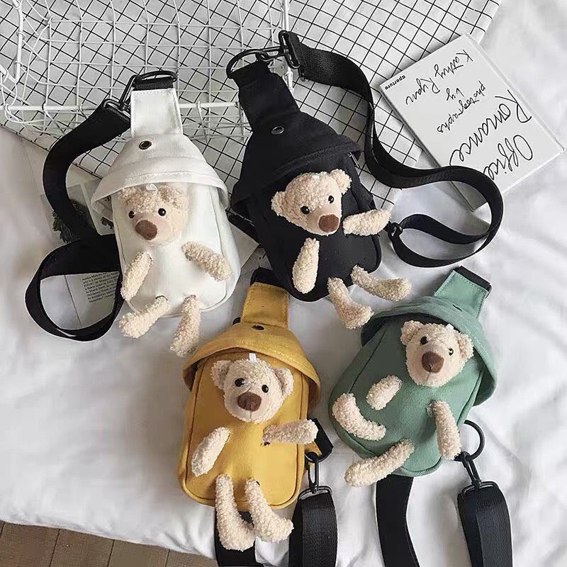 Túi Bao Tử Mini Tặng Kèm Gấu - Túi Đeo Chéo Vải Dễ Thương 0002