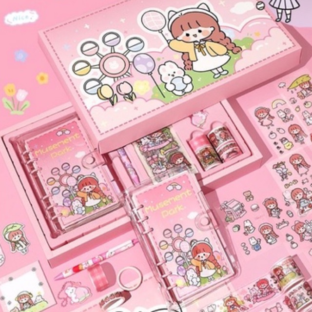 Set hộp quà tặng có sổ tay và cuộn băng keo washi dễ thương + sticker + móc khoá + bookmark