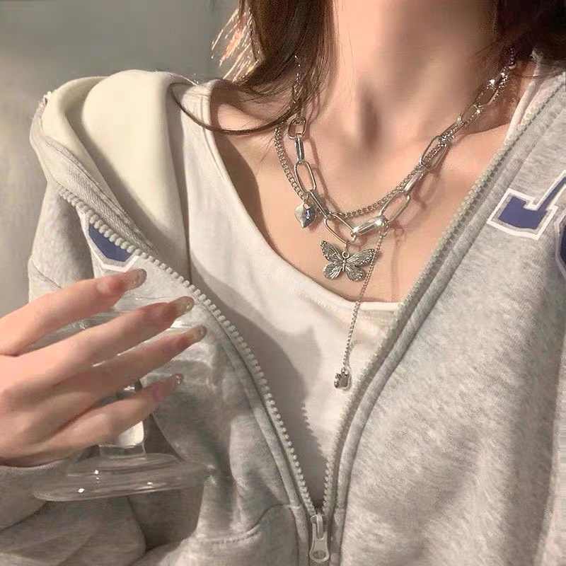 Dây chuyền choker 2 tầng chi tiết Butterfly màu bạc swag dành cho nữ