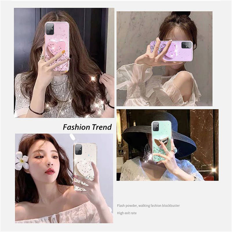 Ốp điện thoại kim tuyến ngôi sao lấp lánh có gương giá đỡ Hình Trái Tim Xinh Xắn cho Samsung Galaxy A22 A42 A52s A12 A11 A31 A51 A71 A20 A30 A21S A02S A20S A30S A50S