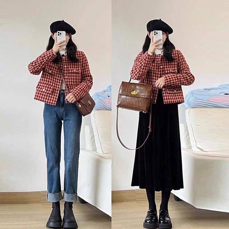 Áo khoác dạ tweed hai màu kẻ đỏ và kẻ đen 4 nắp túi cúc đồng kiểu dáng trẻ trung, sang chảnh, tôn dáng Ngoth Store