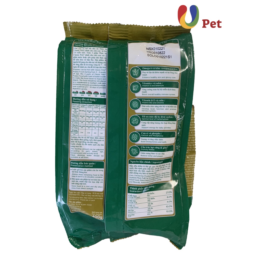 Combo Thức Ăn Classic Pets Cho Chó Con Vị Sữa 400g/gói & Bánh Thưởng Xương Da Sữa Bò THT MS: 767 - U pet