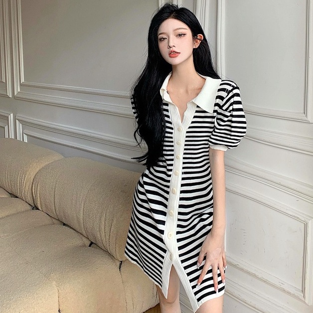 Đầm ZHELIHANGFEI dệt kim cổ polo họa tiết kẻ sọc thời trang trẻ trung dành cho nữ
