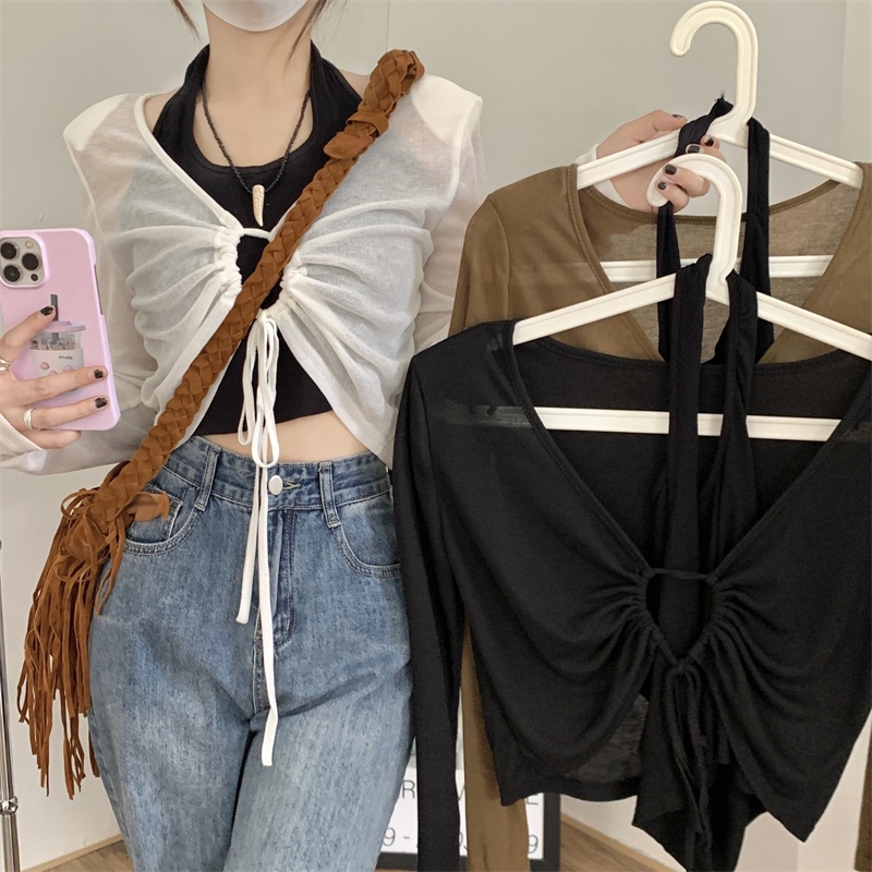 Áo Sơ Mi Tay Dài Chống Nắng Vải Lụa Lạnh Mỏng Màu Trơn Thời Trang Mùa Hè Phong Cách Hàn Quốc Cho Nữ