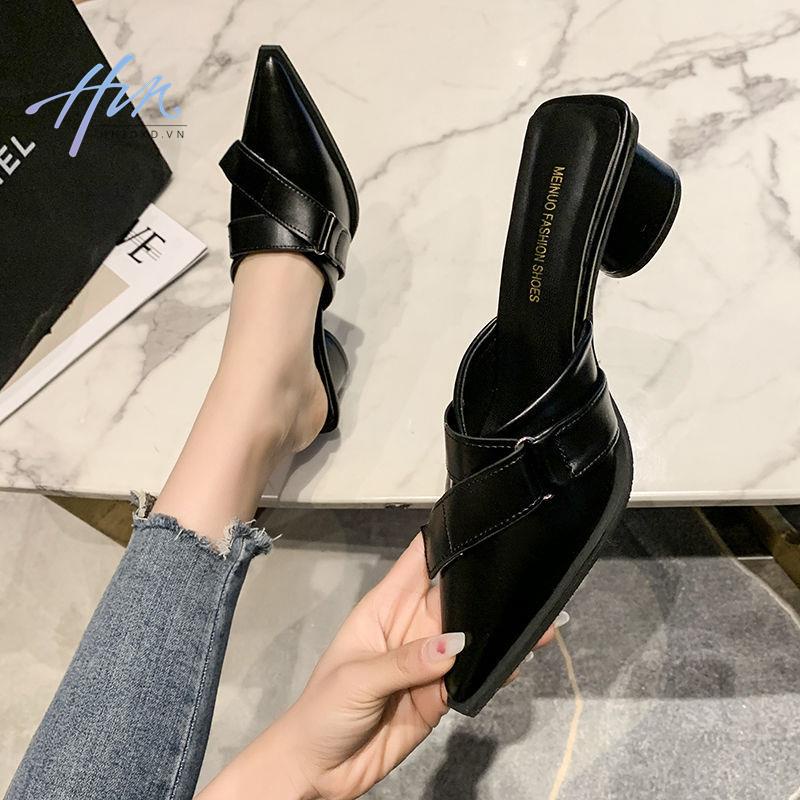 Dép Bít Mũi Nhọn Gót Vừa Dày Dặn Phong Cách Âu Mỹ Mới