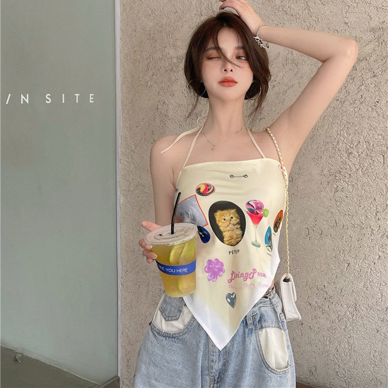 QKOOLE Áo yếm  in họa tiết xinh xắn phong cách Hàn Quốc dành cho nữ