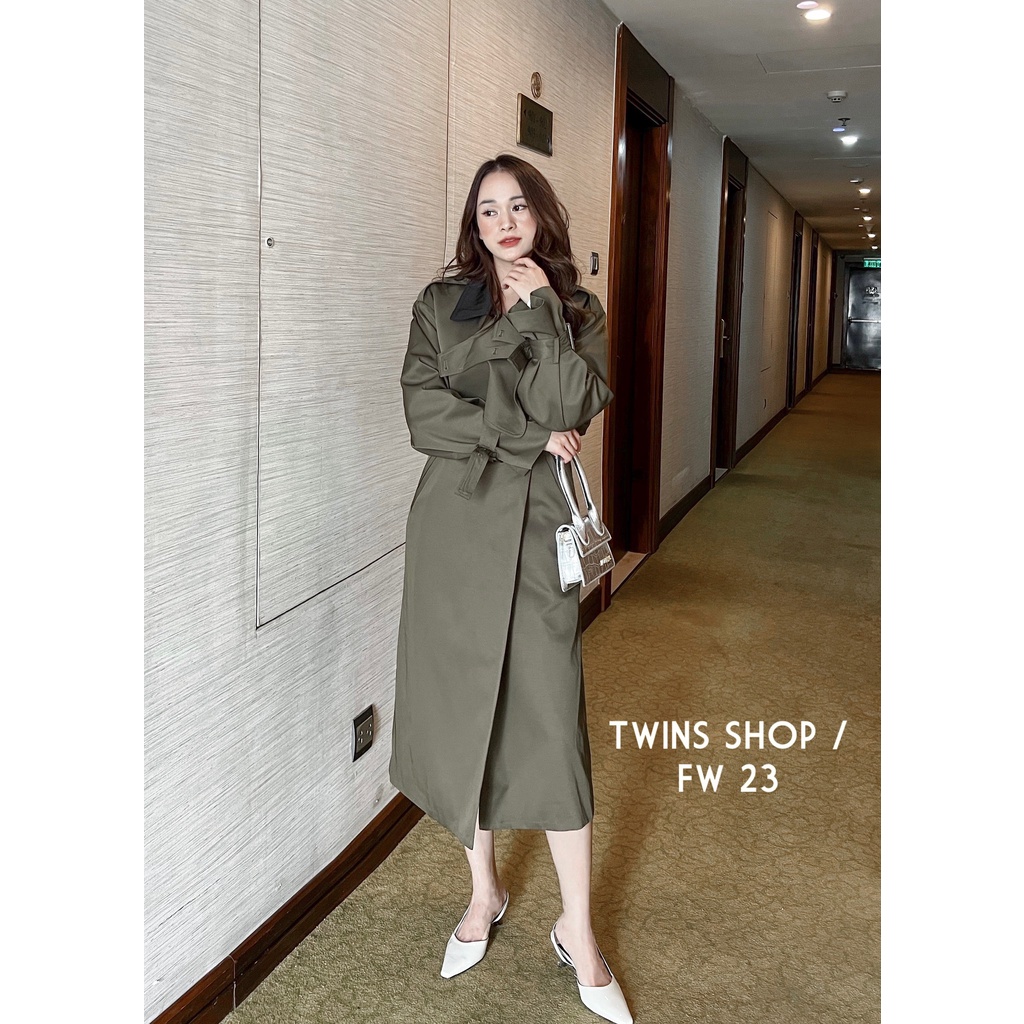 Áo khoác mangto dáng dài rêu cổ đen HSE 6023