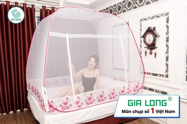 Mùng chụp tự bung Gia long Đỉnh vuông có chân hoa | Màn Gia long chống muỗi gấp gọn (rộng 1m6-1m8-2m2) dài 2m cao 1m6