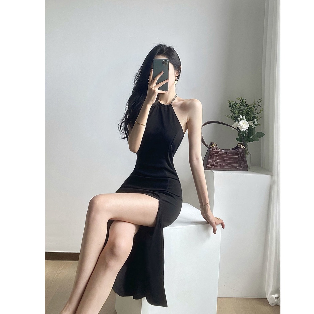 Đầm Hai Dây Dáng Ôm Màu Đen Phong Cách Quyến Rũ Cho Nữ 2023
