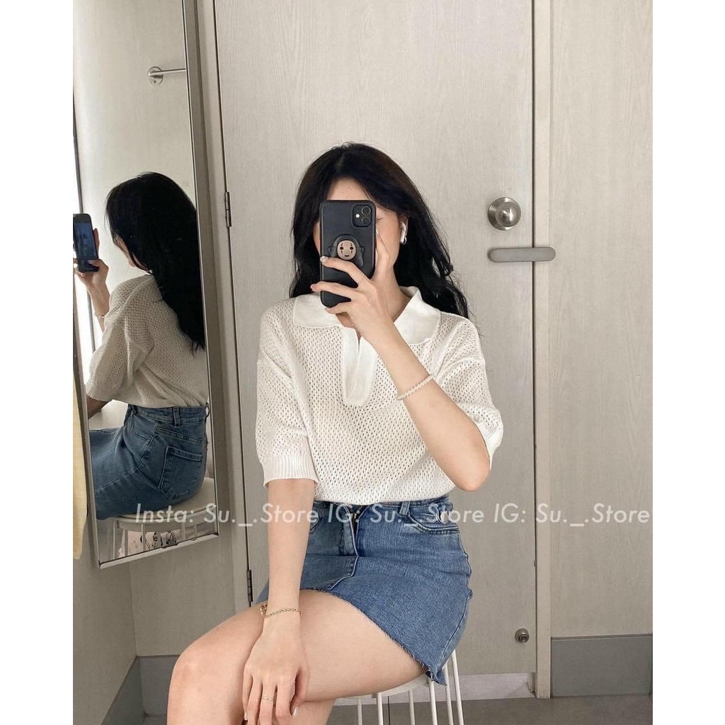 Áo len lỗ cổ đức 2 màu trơn đơn giản