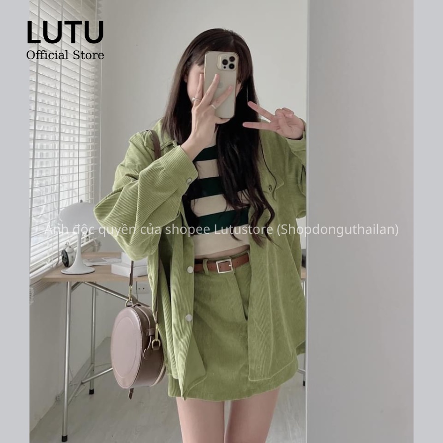 Set áo khoác sơ mi nhung tăm dài tay mix chân váy chữ A trẻ trung