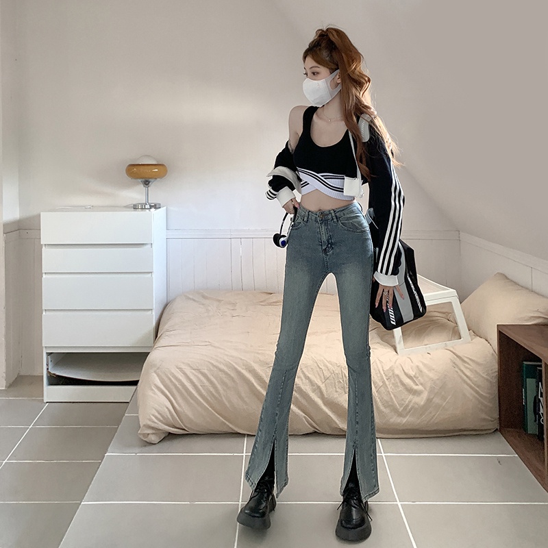 Quần jean ZHELIHANGFEI lưng cao ống loe xẻ tà quyến rũ dễ phối đồ thời trang
